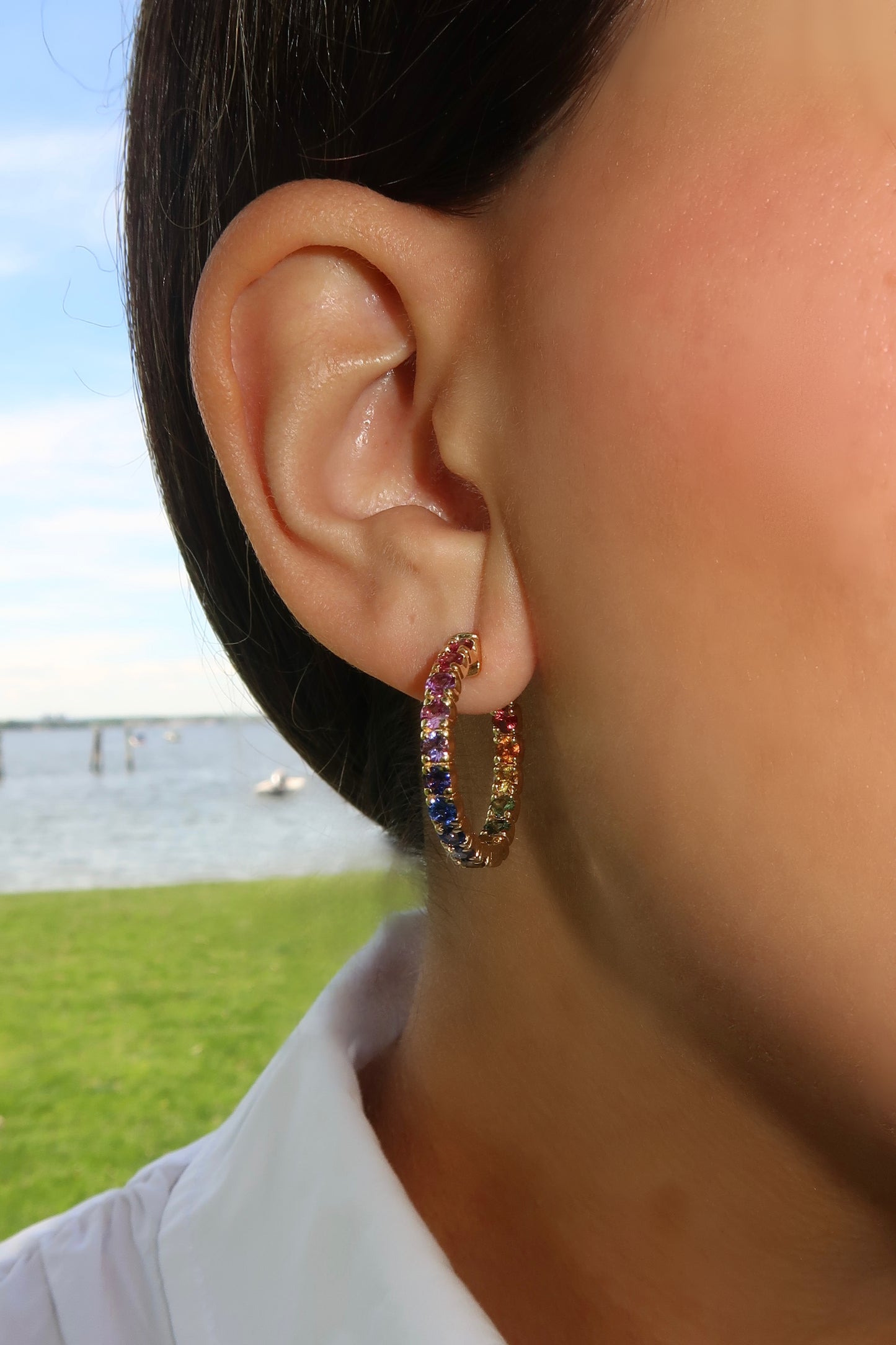 1 inch 3 mm Round Rainbow Sapphire Earrings
