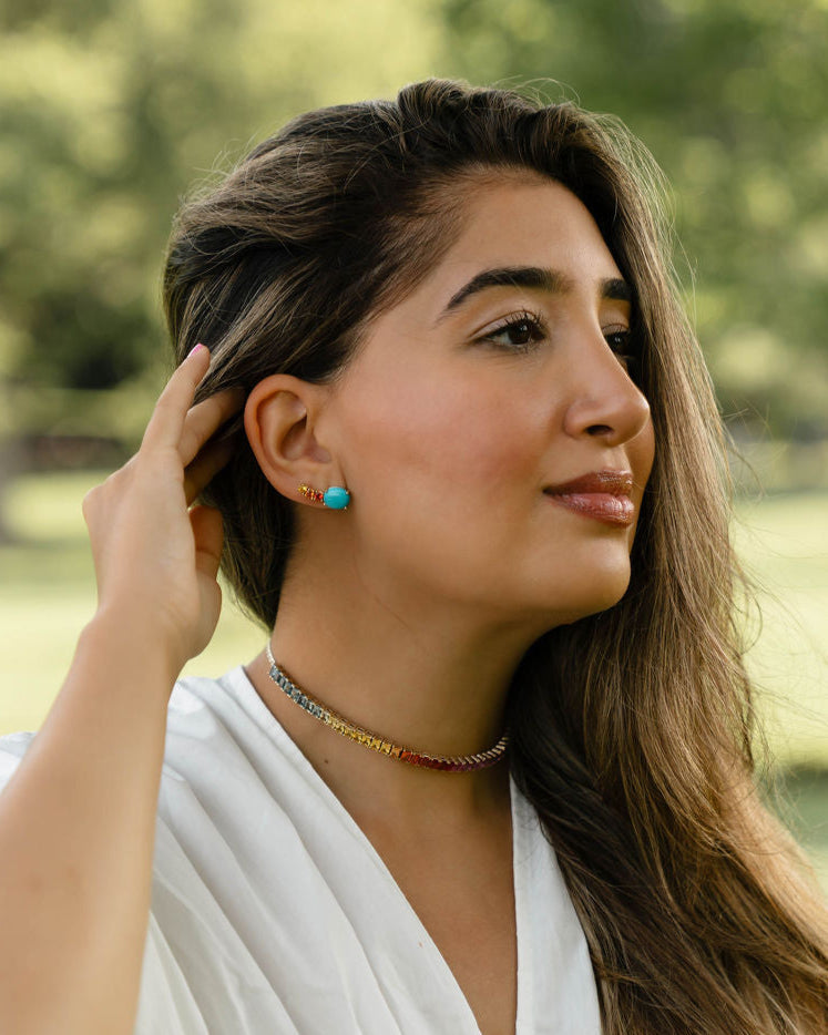 Turquoise and Orange and Yellow Sapphire Ear Climbers