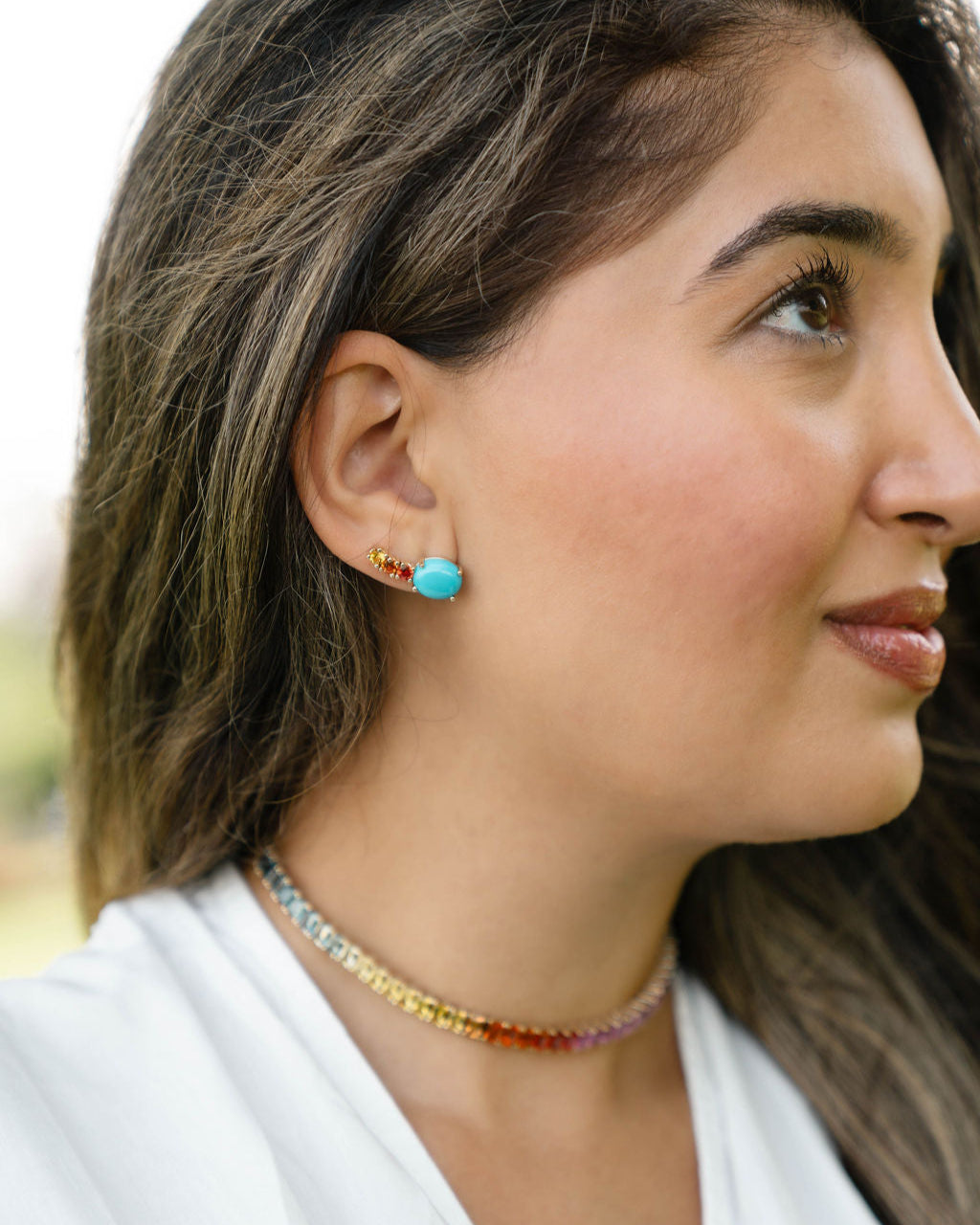 Turquoise and Orange and Yellow Sapphire Ear Climbers
