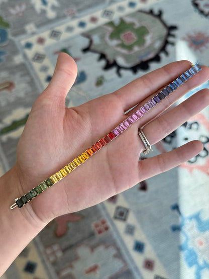 6x4 mm Emerald Cut Rainbow Sapphire Bracelet