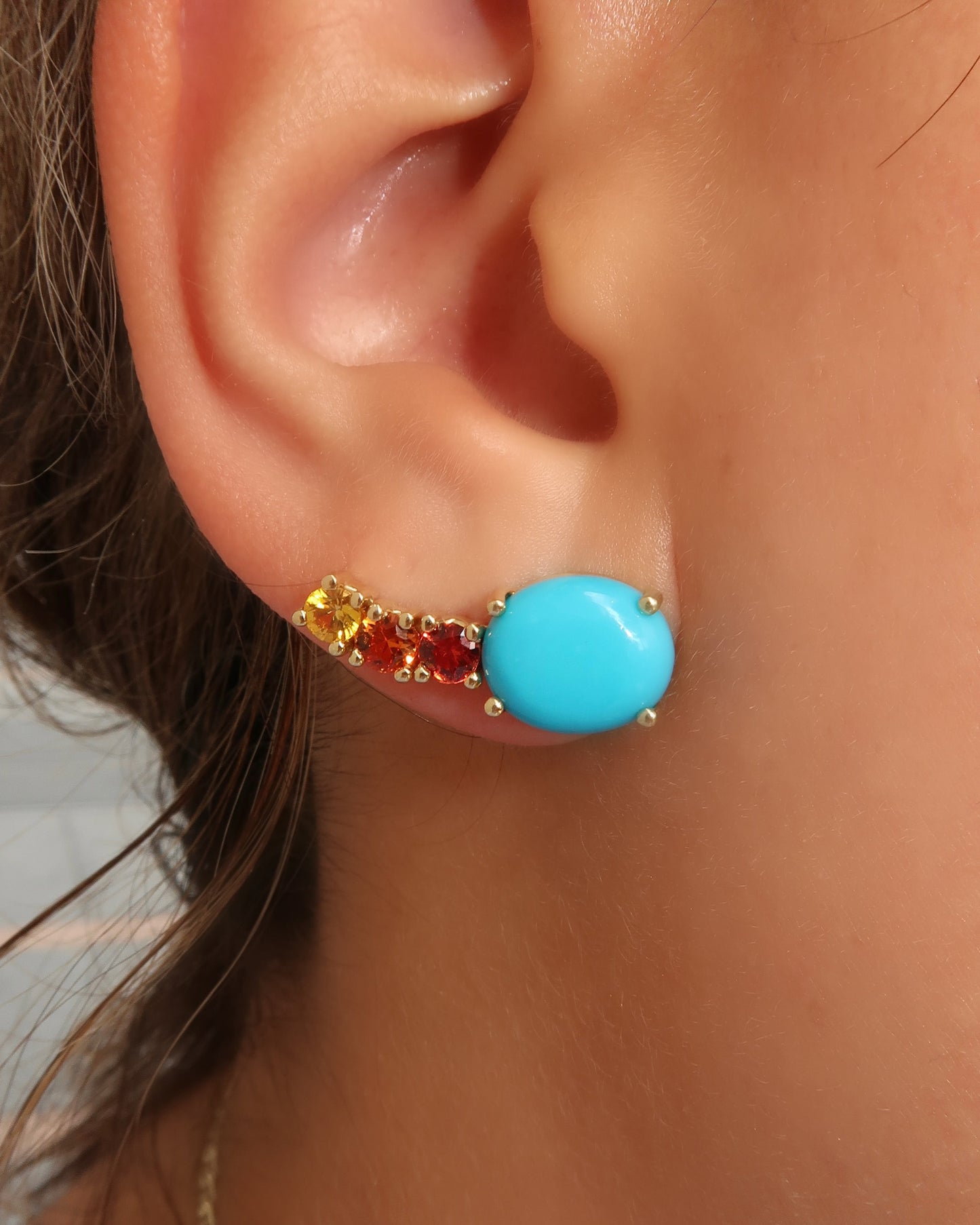 Turquoise and Orange and Yellow Sapphire Ear Climbers