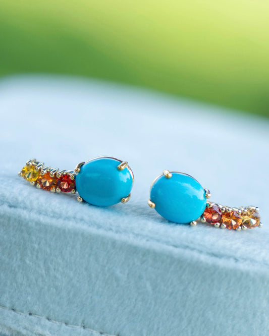 Turquoise and Orange and Yellow Sapphire Ear Climbers